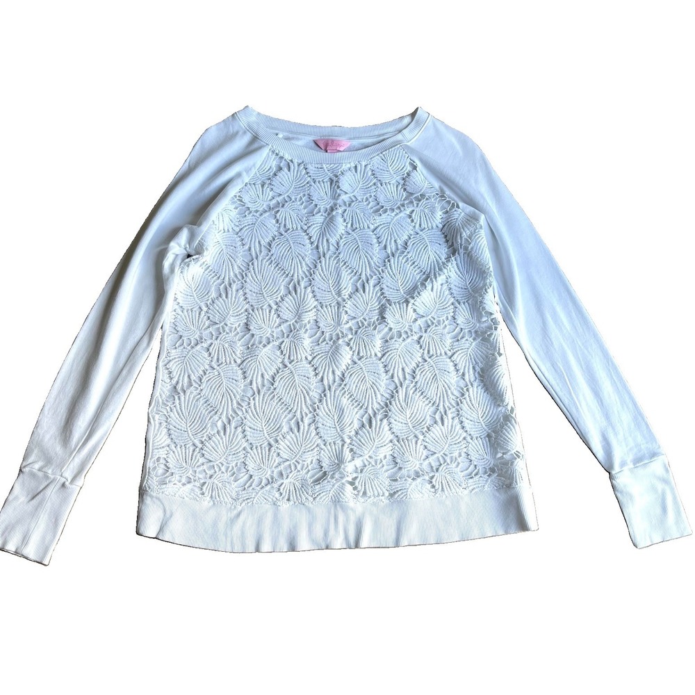 Lily Pulitzer White Lace Crochet Front Sweatshirt Top S Coastal Resort Preppy